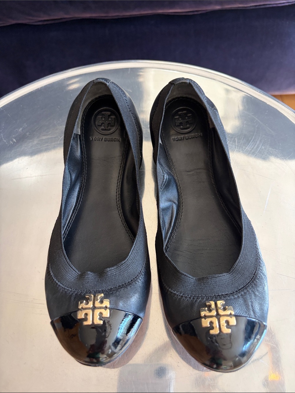 Tory Burch Black Ballet Flats with Gold Logo Cap